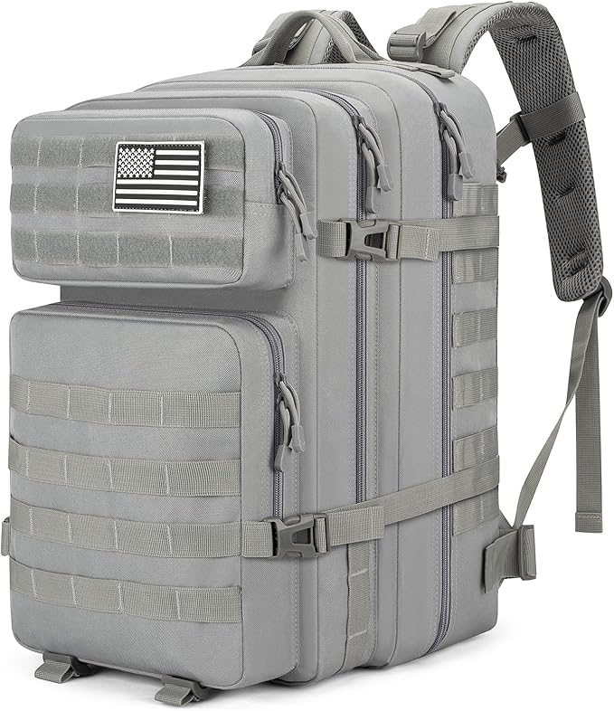 Tactical Backpack 45L Military Rucksack, Water Resistant MOLLE Assault Pack, Large 3 Day Bug Out Bag for Men & Women, Durable Outdoor Gear for Hiking, Camping, Hunting, Travel (Grey)