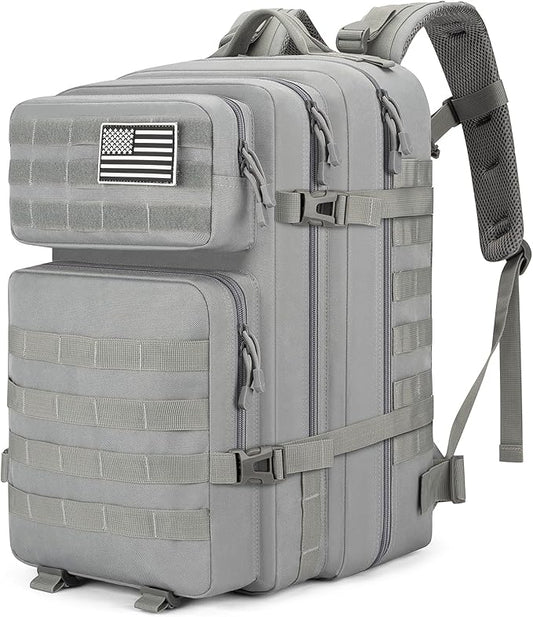 Tactical Backpack 45L Military Rucksack, Water Resistant MOLLE Assault Pack, Large 3 Day Bug Out Bag for Men & Women, Durable Outdoor Gear for Hiking, Camping, Hunting, Travel (Grey)
