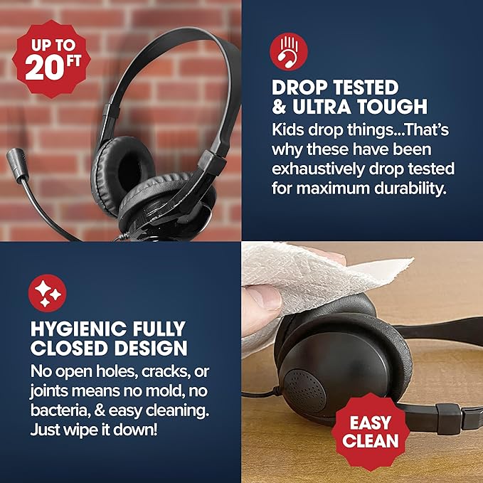 SENTRY Bulk Rugged School Headphones, Durable for Kids, Students, Teachers, Classrooms, 3.5mm or USB-C Jack Options, Optional Boom Mic for Online Learning (24 Count - 3.5mm with Boom Mic, 24, Count)