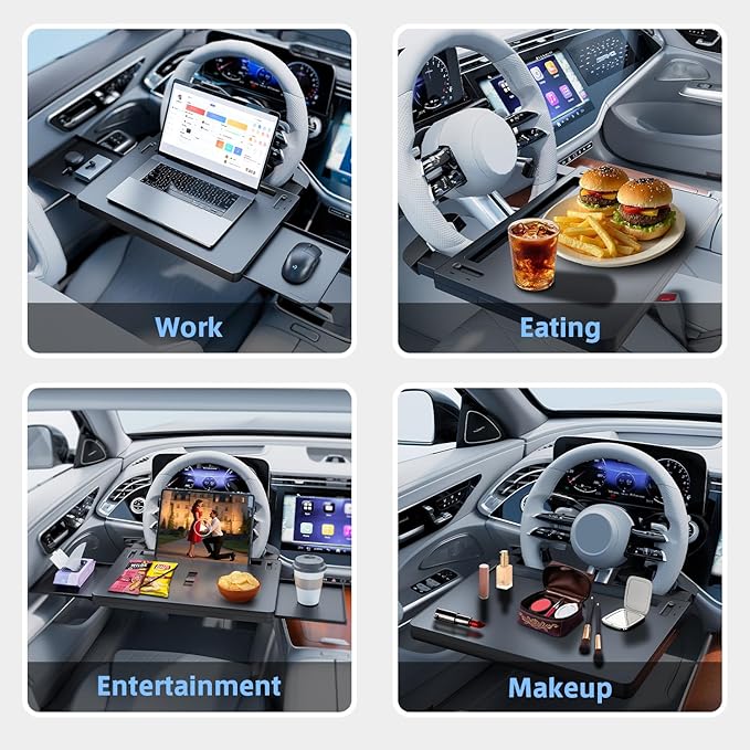 Steering Wheel Tray, Car Food Tray, Car Desk for Laptop, Multipurpose Car Table for Eating & Work, Adjustable Car Tray with Drawer and Anti-Slip Protective Adhesive
