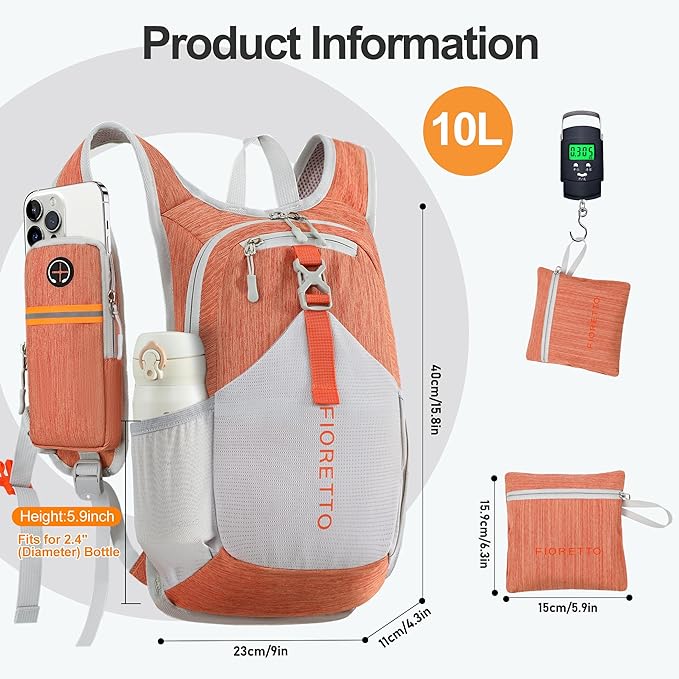 FIORETTO 10L Lightweight Packable Hiking Backpack Small Foldable Daypack for Women Men Compact Travel Backpack for Camping & Outdoor, Orange