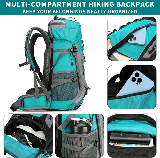 75L Hiking Backpack with Rain Cover Waterproof Camping Backpack Shoes Warehouse for Men Women, Frameless