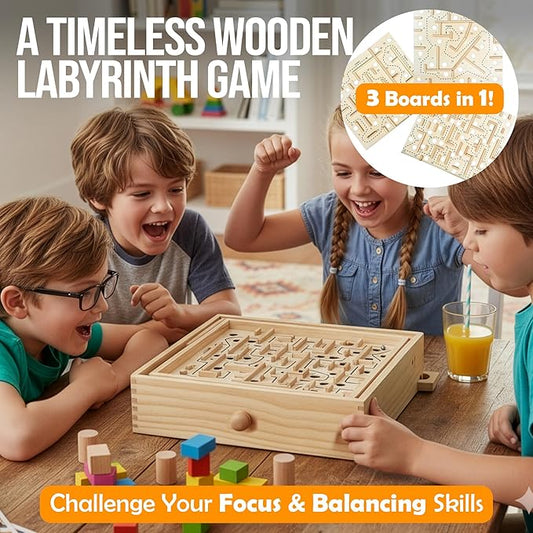 Sterling Games Wooden Labyrinth with 3 Swappable Boards – Classic Maze Game with 60, 36, and 25 Waypoints – Wooden Tilt Puzzle with Knob Control and 3 Steel Marbles for Kids Age 6+