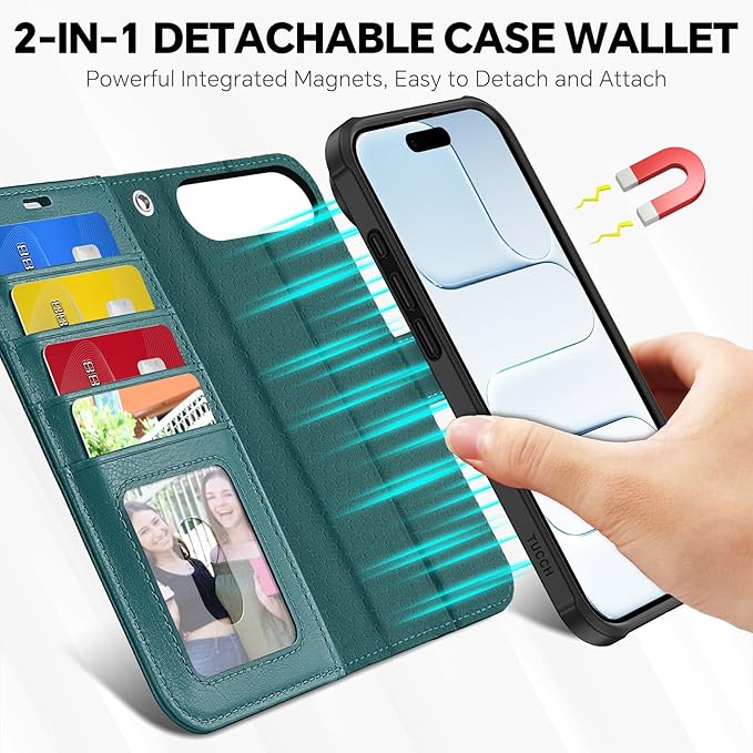 TUCCH Removable Case Wallet for iPhone Air (6.5") 2025, Detachable Wrist Strap, Wireless Charging, Stand, 4 Card Slots RFID Blocking, 2-in-1 Magnetic, PU Leather Shockproof Cover, Teal Blue