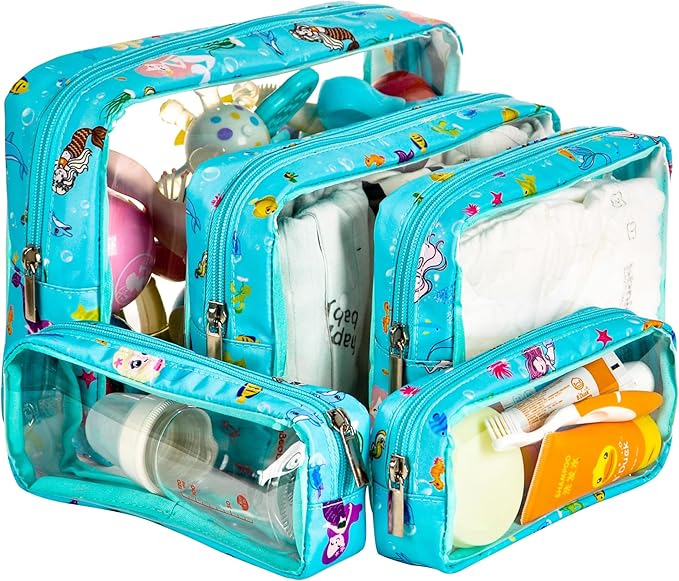TSA Approved 5-Piece Diaper Bag Organizer Pouch Set Clear Waterproof TPU Kids Toiletry Storage Set Travel Packing Clutch Cube Bags for Baby Nursing