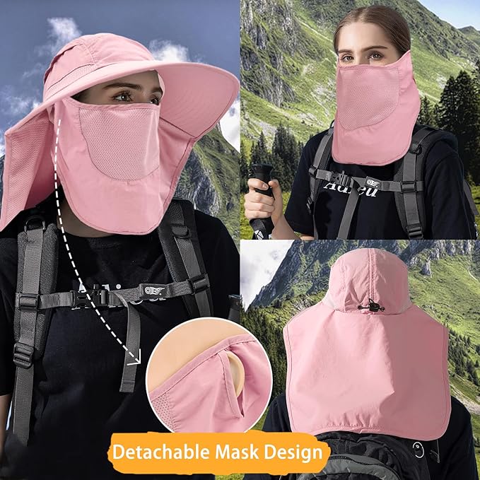 Sun Hats for Men Women Detachable Face Cover Wide Brim Fishing Hats with Neck Flap UPF 50+ Outdoor Safari Hats