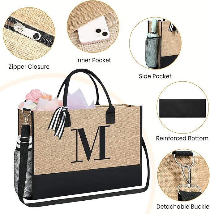 BAGAIL Initial Tote Bag, Personalized Birthday Gifts for Women, Teacher, Friends, Mom, Wedding, Monogrammed Beach Bag