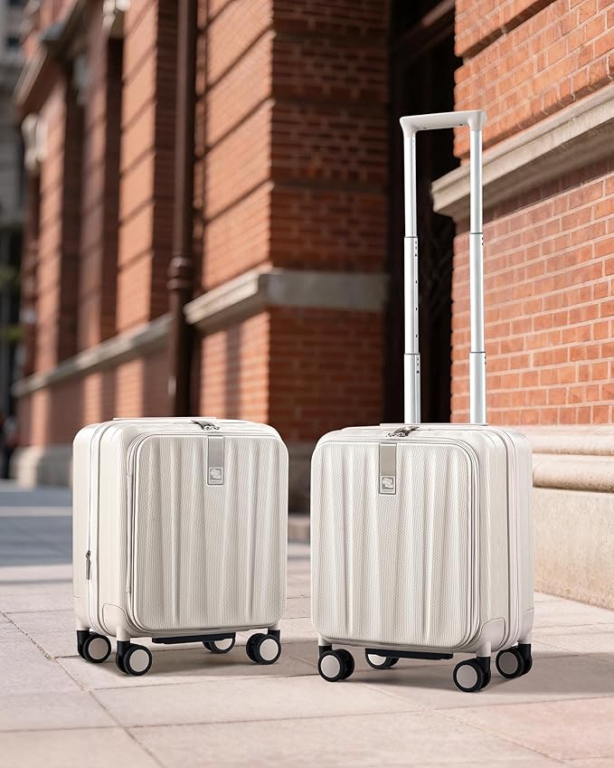Hanke 16 Inch Expandable Under Seat Luggage with Wheels Top Opening Small Suitcase with Wheels Carry On Luggage Airline Approved Lightweight Hard Shell Suitcases for Weekender Overnight-Ivory White