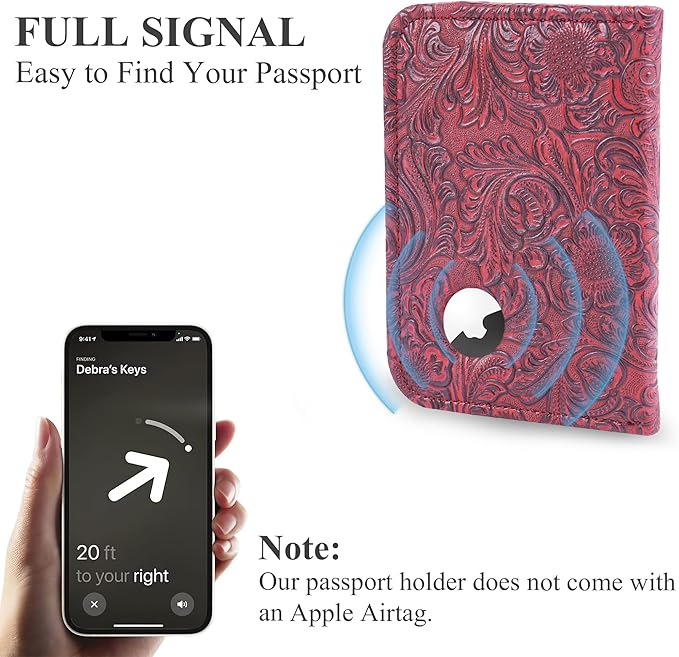 lizimandu Passport Holder with Airtag Slot, Airtag Passport Wallet for Men Women, Slim Leather Passport Holder Case Family for Travel Anti-Lost(1-Carved Red)