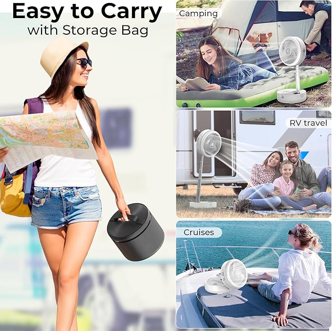 40000mAh Battery Operated Camping Fan - 106Hrs Rechargeable Oscillating Table Fan with Light & Timer, 9 Speeds Portable Travel Fan for Cruise RV Trip, Hurricane Power Outage (10" with Case)