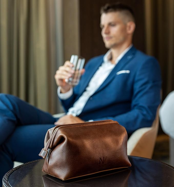 NV Holders Premium Genuine Leather Toiletry Bag for Men - The Ultimate Travel Dopp Kit and Hygiene Organizer, Perfect Men's Toiletry Travel Bag (Brown)