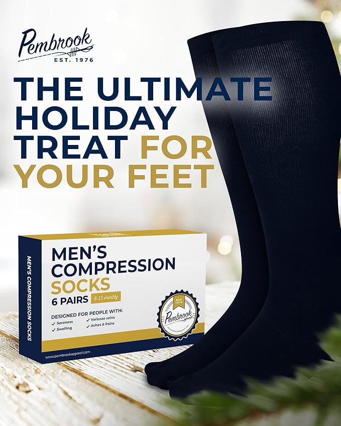 Pembrook Light Compression Socks for Men - 6 Pairs | 8-15 mmHg Graduated Compression Socks for Men 9-12 | Support Socks