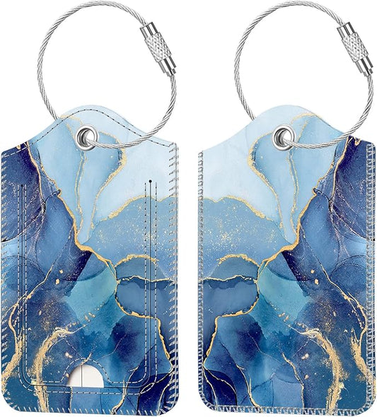 Fintie Luggage Tags, Privacy Cover ID Label with Stainless Steel Loop and Address Card for Travel Bag Suitcase - Ocean Marble (2 Piece)