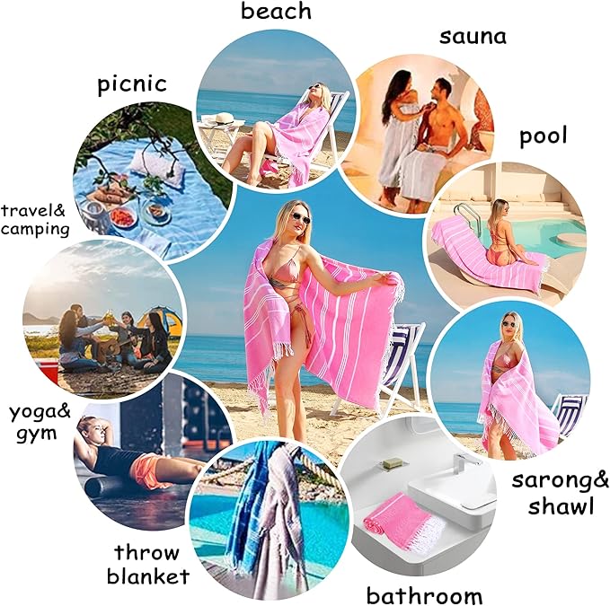 2 Pack Pink+Dark Blue Striped Turkish Weave Cotton Beach Towels, Super Absorbent & Quick Dry, Sand Free & Soft, Oversized 39 x 72 Inches, Adults Travel Towels