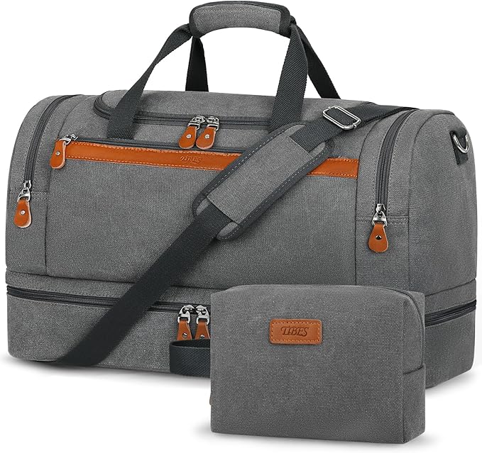 Canvas Travel Duffel Bag for Men - 21 Inch Expandable 47L Weekender Bags with Trolley Sleeve & Toiletry Bag, Overnight Carry On Luggage with Removable Shoulder Strap, Durable & Water-Resistant