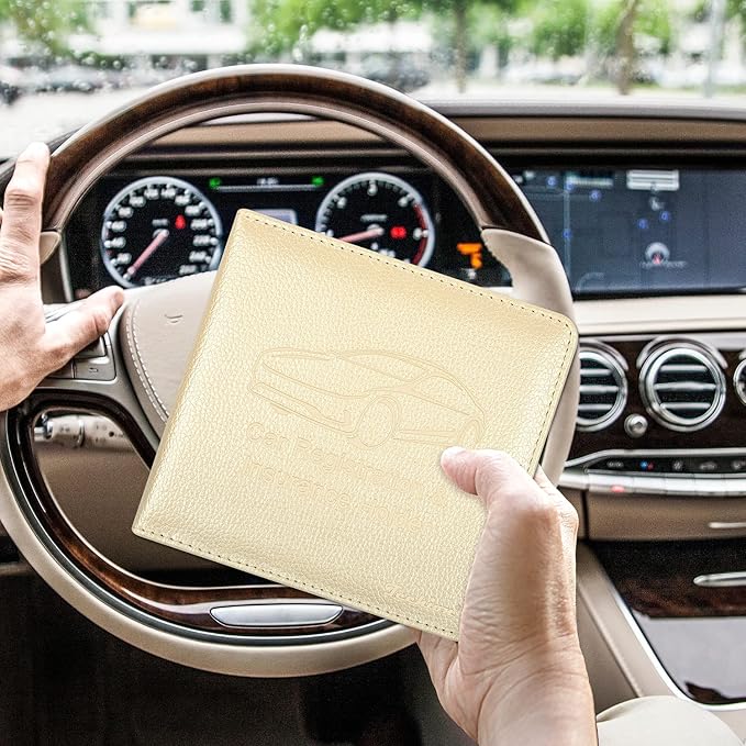 Car Insurance and Registration Holder, 5.5 x 5 Inch PU Leather Vehicle Glove Box Organizer Wallet Case for Insurance Card, Driver License, Paperwork - Champagne