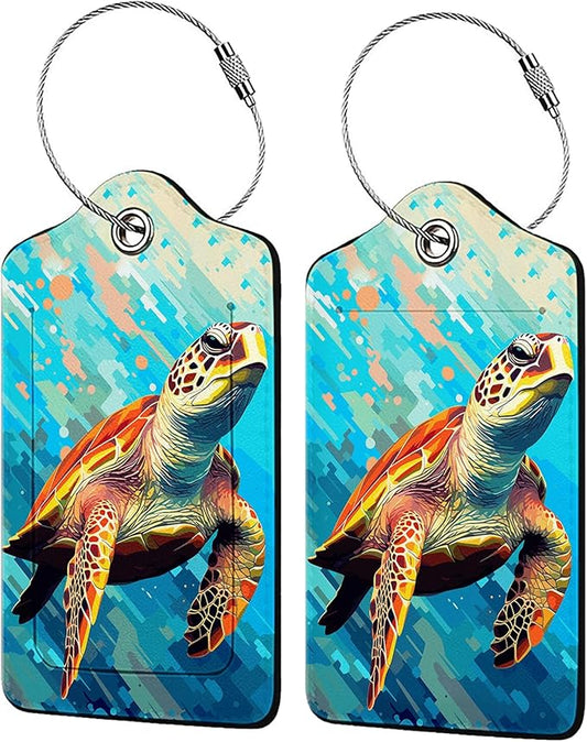 Colorful Wild Sea Turtle Luggage Tags for Suitcases,2 Pack Luggage Tag, Leather Stainless Steel Loop Label Tag for Women Girl Travel Bag