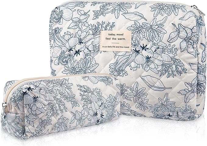 2PC Makeup Bag Set, Cute Cosmetic Bag for Women Girls, Floral Coquette Aesthetic Toiletry Bag, Travel Make Up Organizer Bag (Navy Blue)