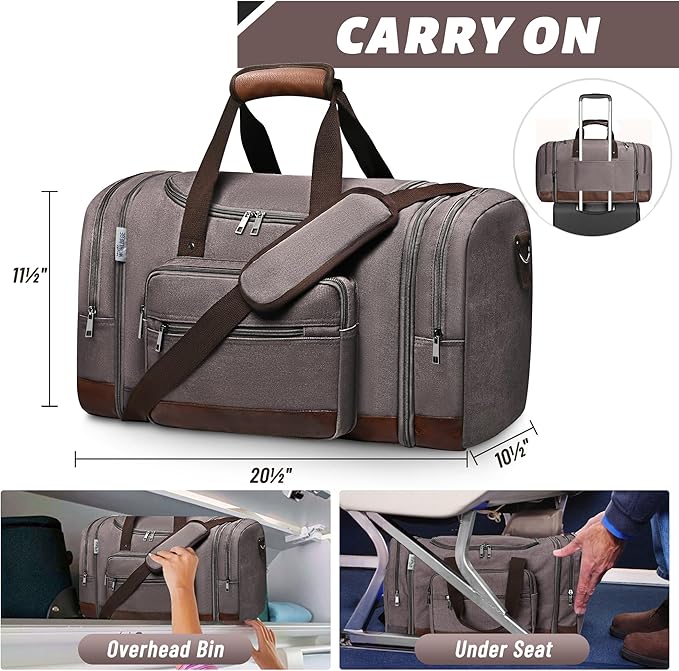 Wolhbege Duffle Bag for Travel,Mens Travel Bag & Carry On Bag for Men with Expandable Design and Luggage Sleeve –Duffel Bag for Gym, Weekender,Canvas,Overnight Trips Grey