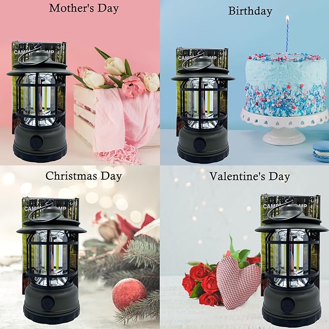 LED Camping Lanterns,1500LM Step-less Dimming, Lightweight Retro Battery Powered USB Rechargeable Tent Lights,Portable Flashlight for Power Outages Emergency Hiking Hurricane Light1 Pack Green