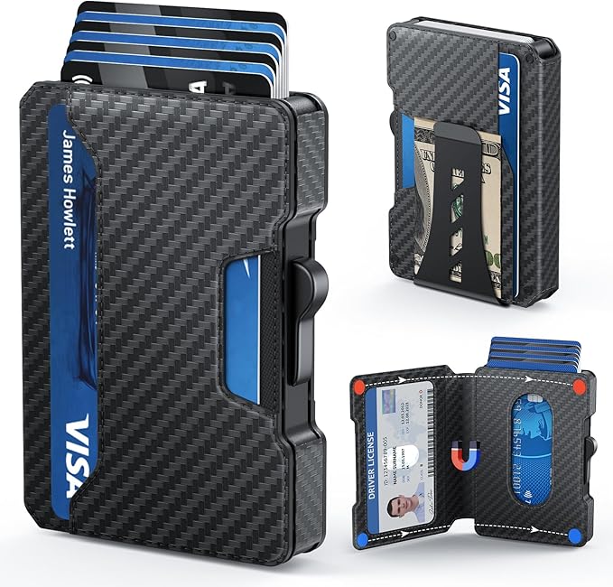 Slim Wallet for Men - Minimalist Mens Wallet with Money Clip, Aluminum Pop Up Card Case and Leather Slots Credit Card Holder RFID Blocking Wallet for Men with Gift Box