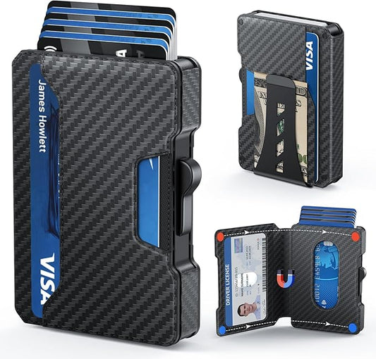 Slim Wallet for Men - Minimalist Mens Wallet with Money Clip, Aluminum Pop Up Card Case and Leather Slots Credit Card Holder RFID Blocking Wallet for Men with Gift Box