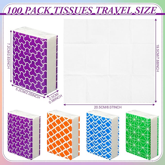 Therwen 100 Pack Pocket Tissues Travel Packs Bulk 1000 Sheet Mini Tissues Bulk 3 Ply Small Travel Size Paper Individual Pocket Size (Multicolor)