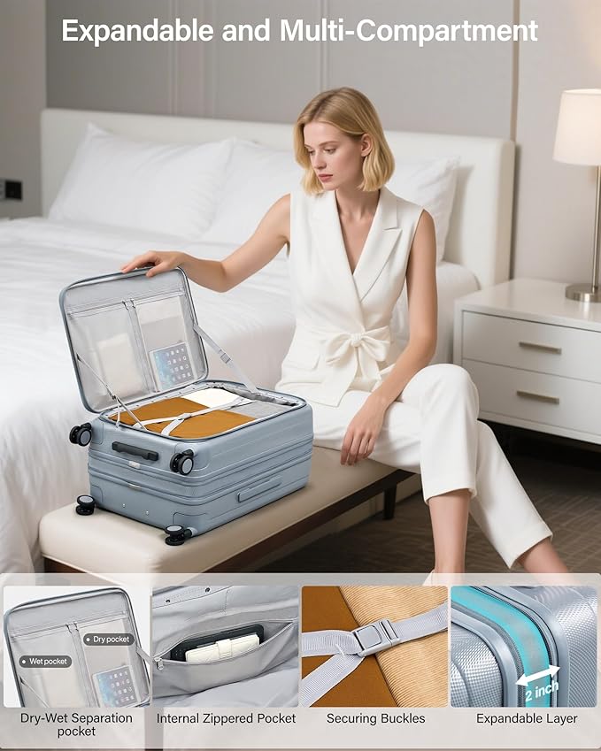 Hanke 24 Inch Expandable Luggage Top Opening Checked Bag Luggage Hard Shell Suitcases with Wheels Lightweight Travel Luggage Medium Suitcase with Lock for Woman Men-Grey