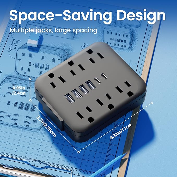 Multi Plug Wall Outlet Extender with USB Ports: 6 AC Outlets, 6 USB Ports (2 USB C), Wall Plug Power Strip, USB Plug Adapter for Wall Outlet, Outlet Splitter for Home Office Travel Cruise, Black