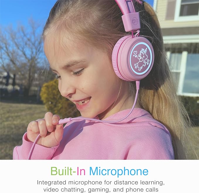 MEE audio KidJamz KJ55 Personalized USB-C Safe Listening Wired Headphones for Kids with Custom LED-Backlit Design, Volume Limiter, & Microphone for iPhone 15, iPad, & USB Type C Devices (Pink)
