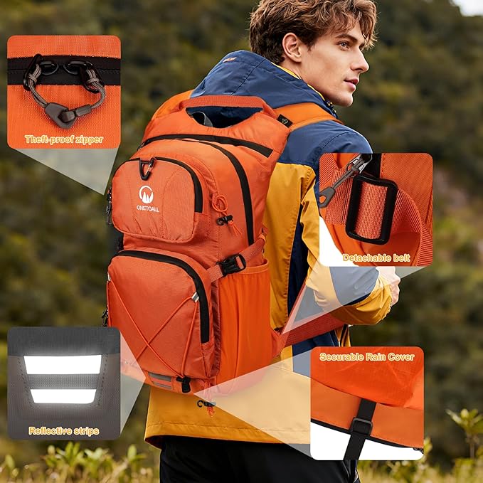 ONETOALL Hydration Backpack 22L, Hiking Backpack with 2L Leakproof Bladder, Sewn-in Rain Cover, Insulated Compartment for Men & Women Running, Cycling, Camping