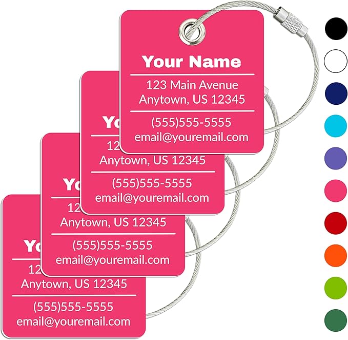 Personalized Luggage Tag | 4 Pack | Custom Luggage Tags for Suitcases | Kids Backpack Tag | 10 Color Options & Choose Font, Font Color
