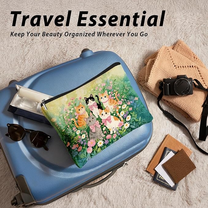Cute Cat Flower Small Makeup Bag for Women, Kitty Cosmetic Zipper Travel Toiletry Bag for Daughters, Friends, Cats Girl & Women. Ideal Gifts For Travel, Birthdays, Graduation & Christmas.