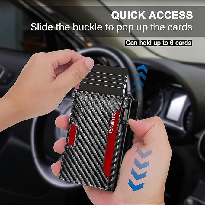 Wallet for Men, Pop Up Bank Credit Card Holder Case, RFID Blocking, Compact, Smart, Slim, Minimalist, Thin, 11 Cards Capacitiy | ID Window | Aluminum Metal | Carbon Fiber Pattern | Women (Black)