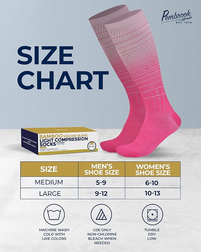 Pembrook Bamboo Viscose Light Compression Socks - 3 Pairs | 8-15 mmhg Compression Socks | Knee High Comfort Support Socks