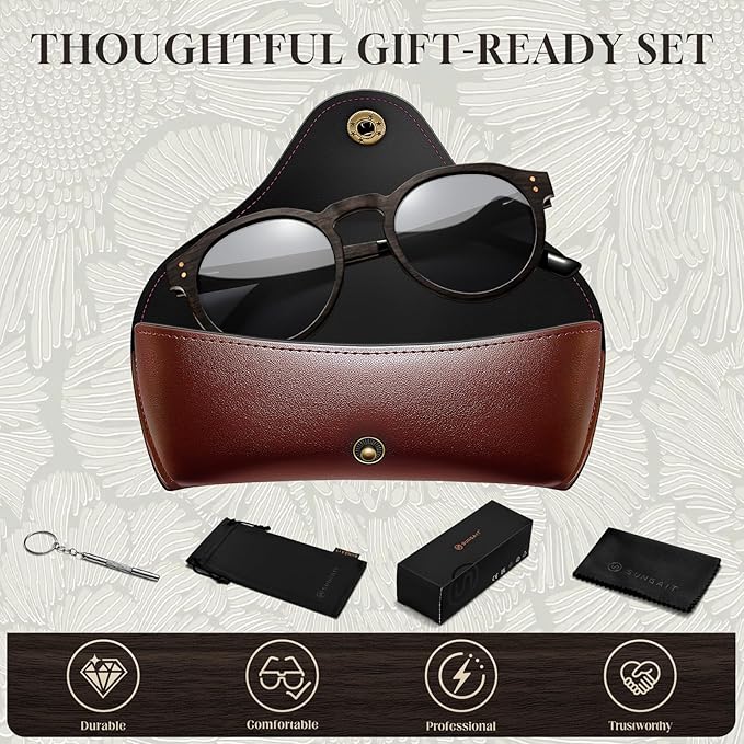SUNGAIT Black Oak & Dark Ebony Wood Sunglasses Womens Polarized Round UV400 Protection Retro Vintage Gift-ready Case Included