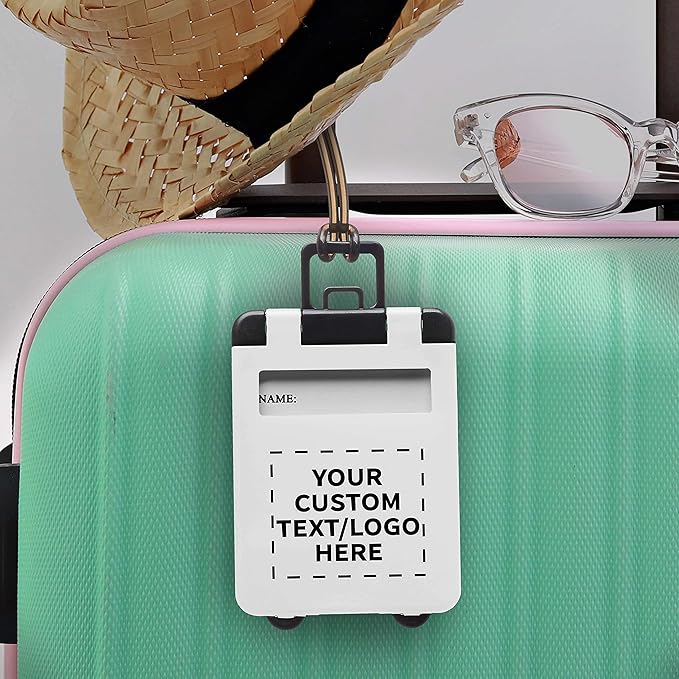 100 Mini Carry-on Luggage Tags Pack - Customizable Text, Logo - Flip Open Cover, ID Sticker - White