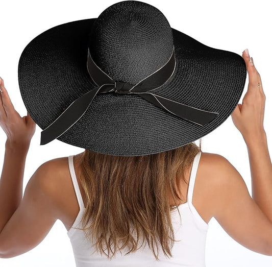 Lanzom Womens Wide Brim Straw Hat Big Floppy Foldable Roll up Cap Beach Sun Hat UPF 50+