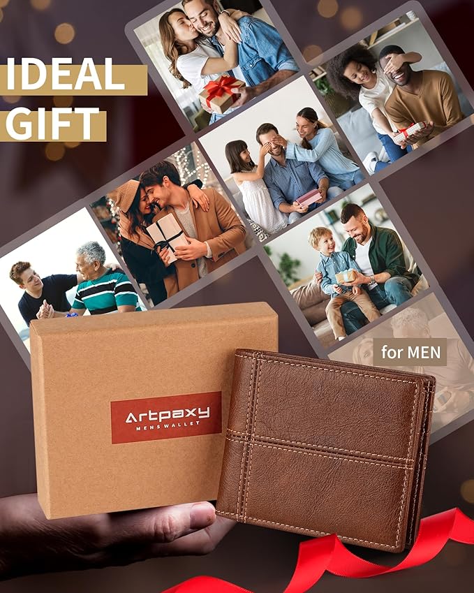 Artpaxy Mens Wallet Bifold Genuine Leather RFID Blocking Wallet for Men with 2 ID Windows 12 Card Holders 2 cash pockets 1 Gift Box