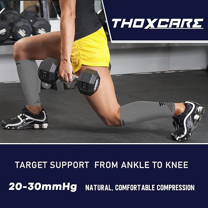Thoxcare Calf Compression Sleeve for Men Women (1 Pair), Leg Support Footless Compression Socks for Running - Shin Splint Varicose Veins Swelling & Pain Relief, Gray/Black, Medium