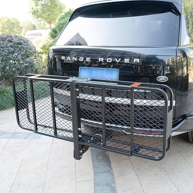 500LBS Folding Hitch Mount Cargo Carrier Basket 60x20x6” with 58x24x19 Waterproof Bag Rear Luggage Rack Basket, Hitch Mount for 2" Receivers, Powder Coating, Heavy Duty, Durable, Easy Assembly