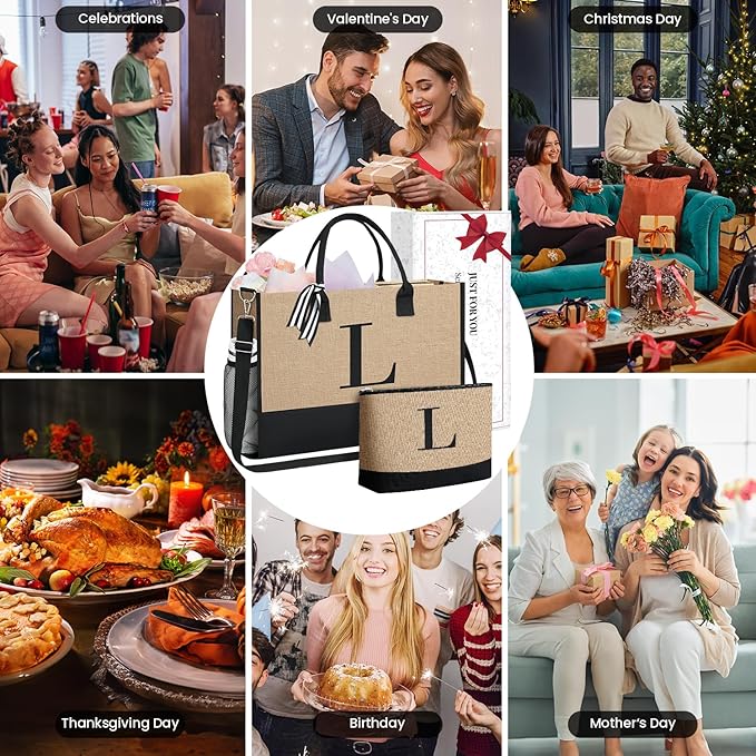 BAGAIL Initial Tote Bag, Personalized Birthday Gifts for Women, Teacher, Friends, Mom, Wedding, Monogrammed Beach Bag