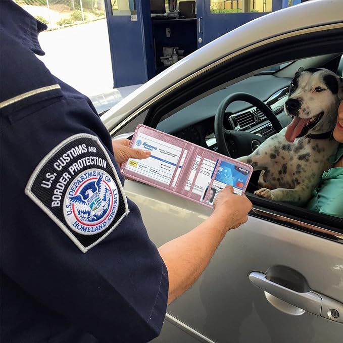 Car Registration and Insurance Holder, Leather Registration and Insurance Card Holder, Vehicle Glove Box Organizer - For Documents, Cards, License (Bling Rose Gold)