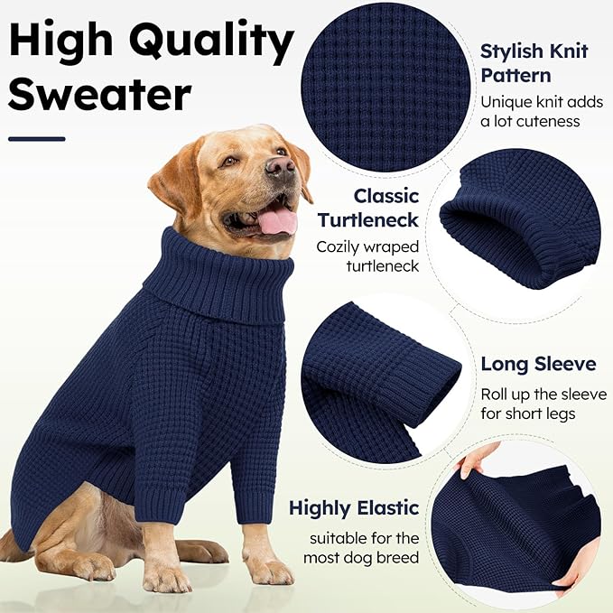 Queenmore Large Dog Sweater - Turtleneck Knitted Pullover Xmas Dog Clothes, Warm Sweatshirt, XL, Navy Blue
