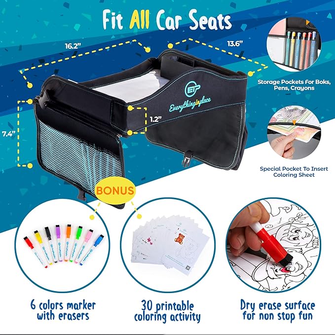 3 PK - Kids Car Seat Activity Tray | Inspire Active Toddlers & Big Kids for Years! Dry-Erase White Board & Eating Snack Travel Tray with No-Drop Tablet iPad Holder Stand & Art Supplies Storage Pocket