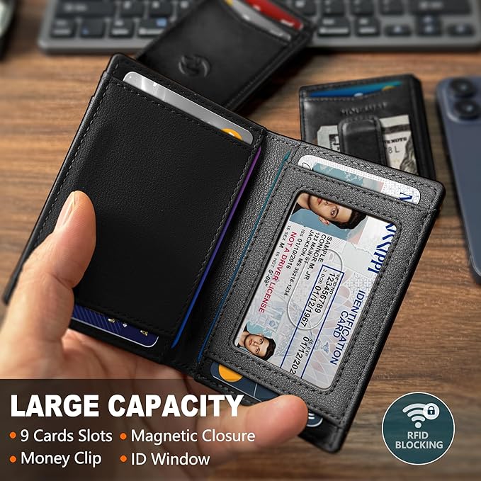 Housmai Magnetic Closure Slim Wallet for Men with Money Clip Gift Boxed,Genuine Leather Front Pocket Wallet, 3.9"x 2.7", RFID Blocking