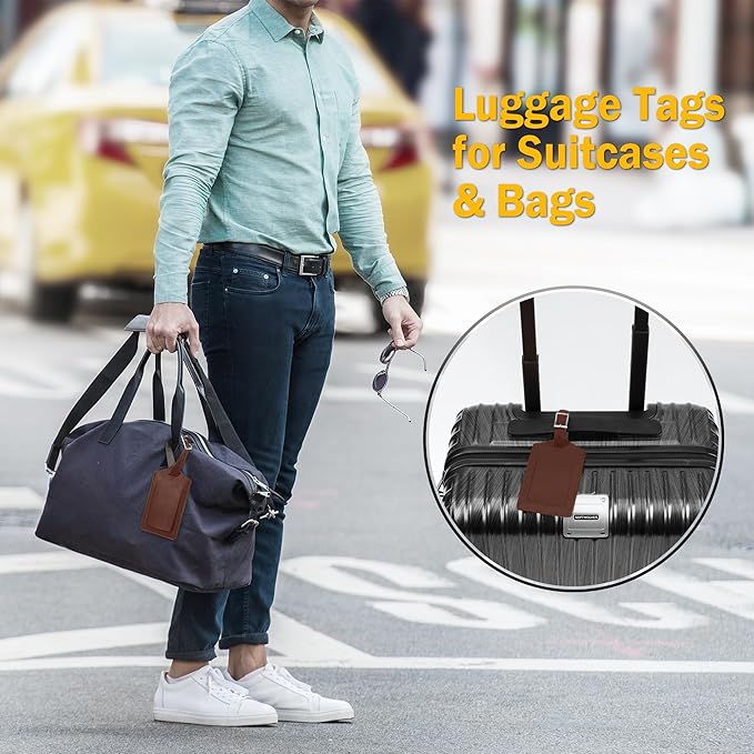 Travelambo 8 Pack Luggage Tags Faux Leather for Suitcases Travel Bag Labels Travel Accessories Essential with Protection Cover ID (Brown)