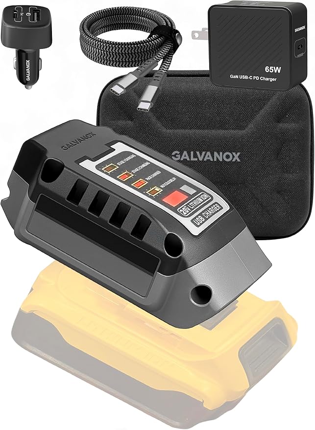 Galvanox Portable Battery Charger Set for DEWALT 20V Max Batteries, Fast Charging Powerbank Enabled (65W Input/Output) USB Type-C with AC Wall, DC Vehicle Car Adapter and Organizer (Power Pack, 4PC)