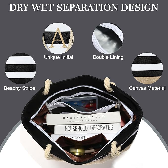 YOOLIFE Initial Canvas Waterproof Beach Tote Bag Zipper Personalized Gifts for Women Her Birthday Travel Beach Essential