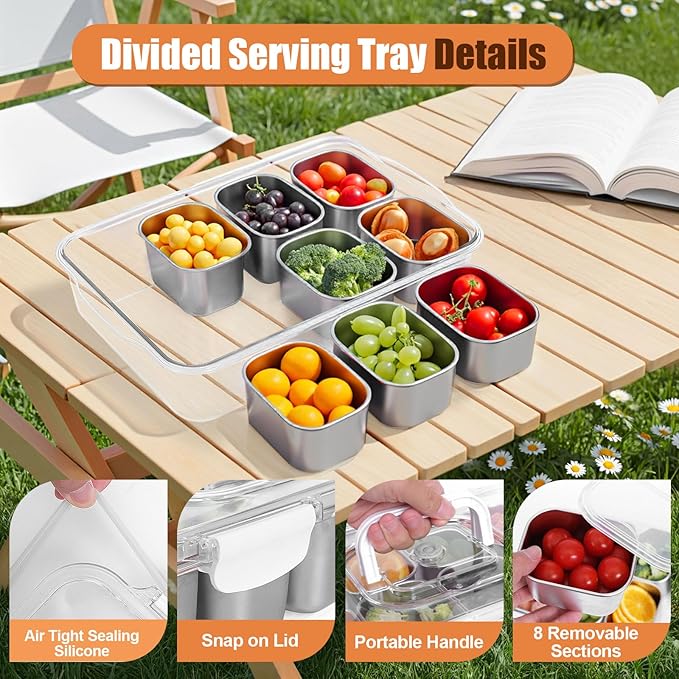 Snackle Box Container, 304 Stainless Steel Snack Containers, Portable Snacklebox for Veggie, Candy, Divided Serving Tray with Lid and Handle, 8 Compartment Fruit Platter for Party, Picnic, Travel